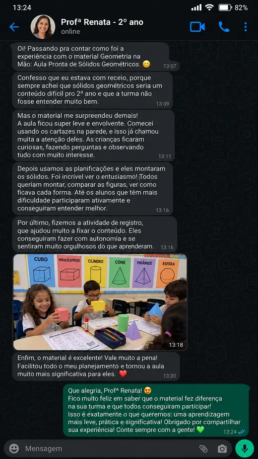 Print de depoimento de professora elogiando a aula Geometria na Mão